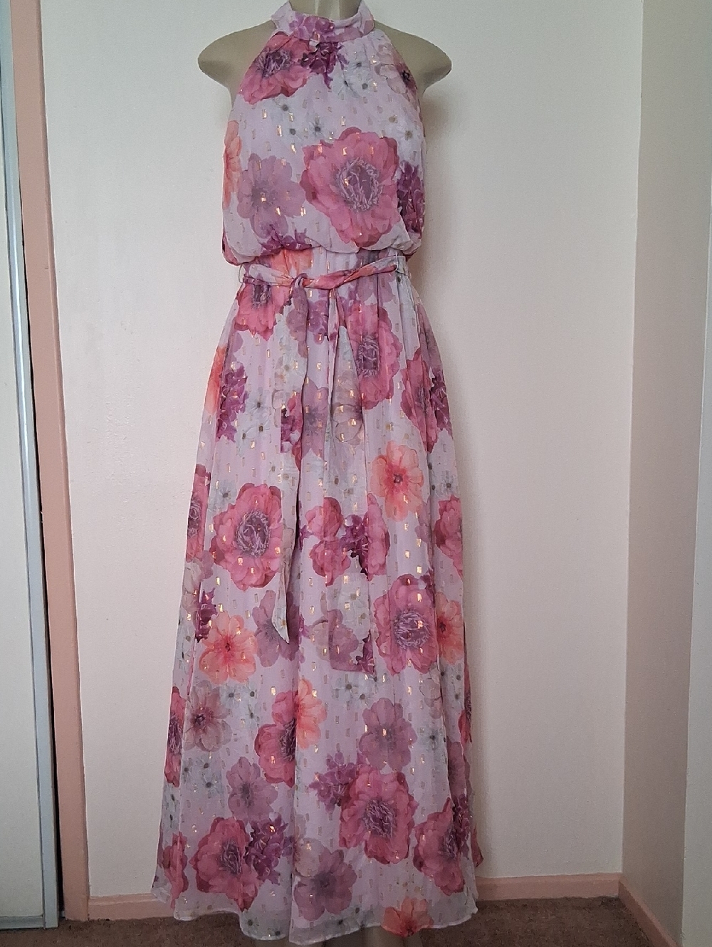 Jessica Howard Chiffon Floral Maxi Dress Size 8P Pockets Belted Formal Gown
